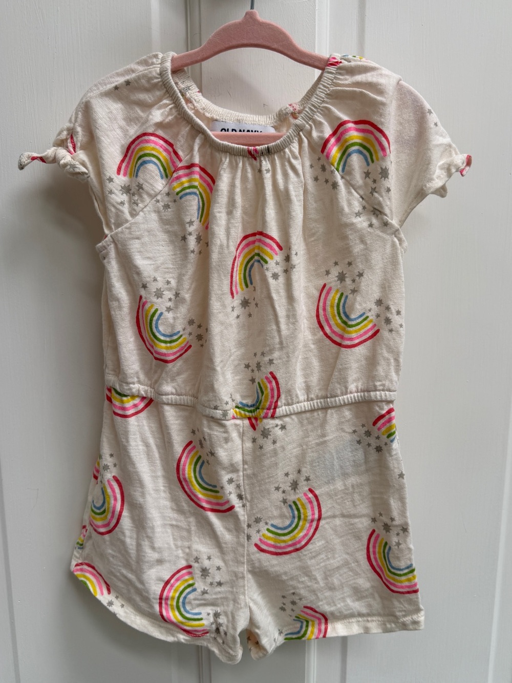 Old Navy 4T Girls Cream Short Sleeve Romper Pink, Yellow & Green Rainbow Print